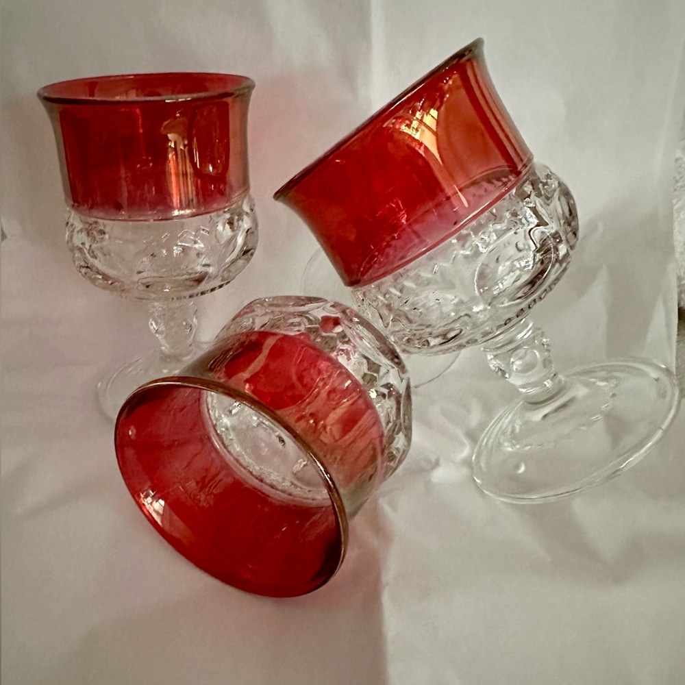MCM Ruby Red Indiana Flashed Glass Thumbprint 4oz Drink ware (3) Cordial Glass